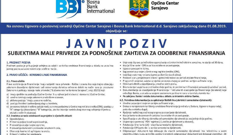 Javni poziv subjektima male privrede za podnošenje zahtjeva za odobrenje finansiranja