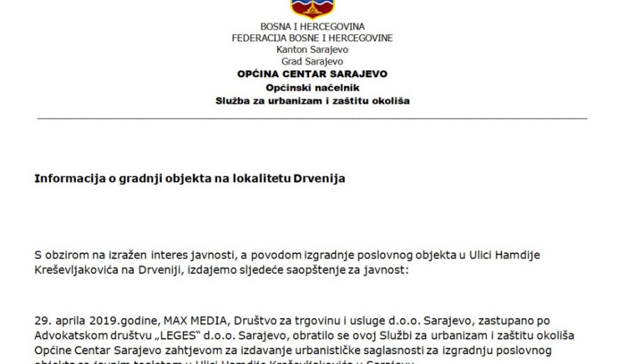 Informacija o gradnji objekta na lokalitetu Drvenija