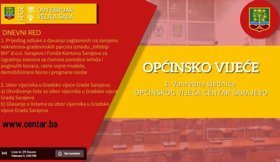 Sutra 1. vanredna sjednica Općinskog vijeća Centar